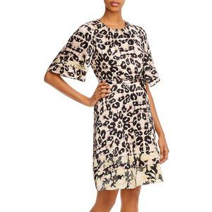 Rebecca Taylor Dress Womens Silk Animal Print Round Neck Short Sleeve A-Line